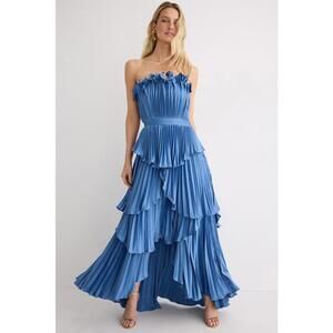 AMUR Cornflower Blue Strapless Pleated Tiered Maxi Dress